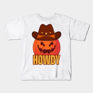 Retro Vintage Halloween Howdy Pumpkin Head Wearing A Cowboy Hat Funny Cowboys Kids T-Shirt